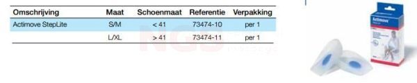 Actimove StepLite anatomisch voorgevormde hielspoorkussens maattabel